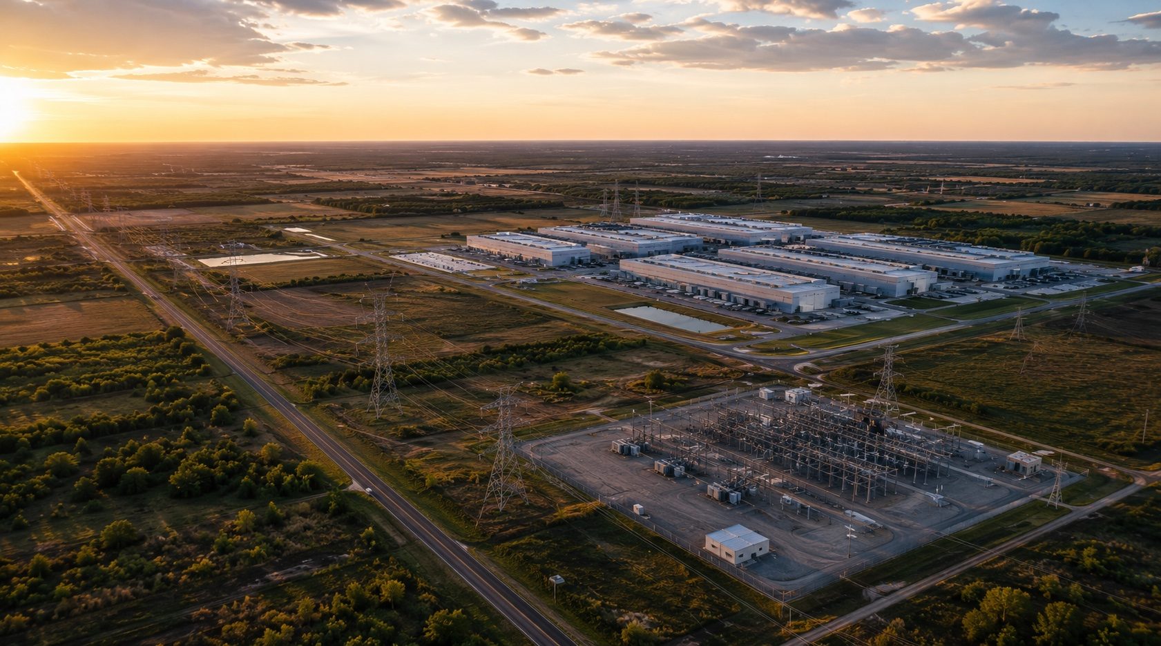 Aerial view of data center infrastructure at sunset